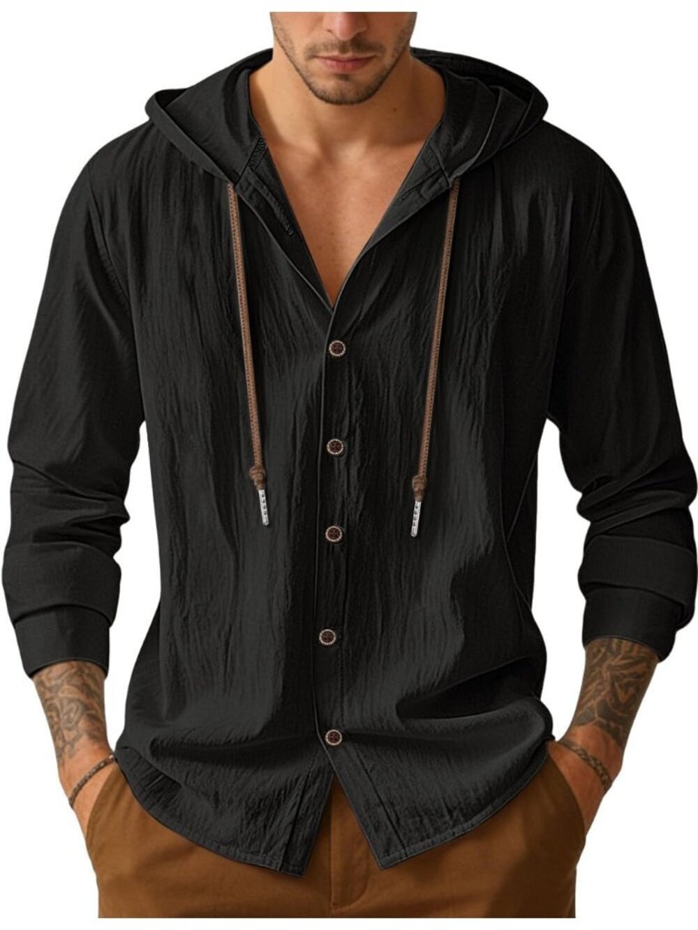 Men's Black Cotton Linen Long Sleeve Top Casual Lightweight Button Down Hoodie